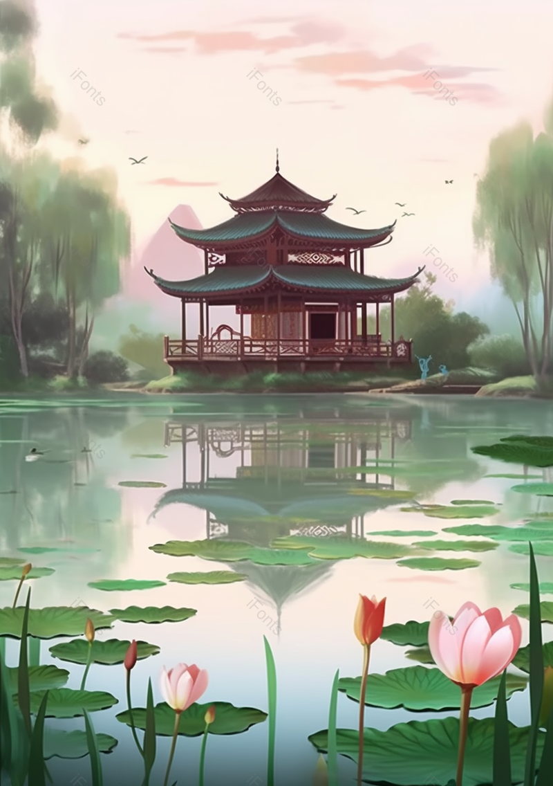 绿色小清新国潮插画池塘荷叶荷花房屋,插画/手绘图,插画/手绘图库,插画/手绘图下载,插画/手绘